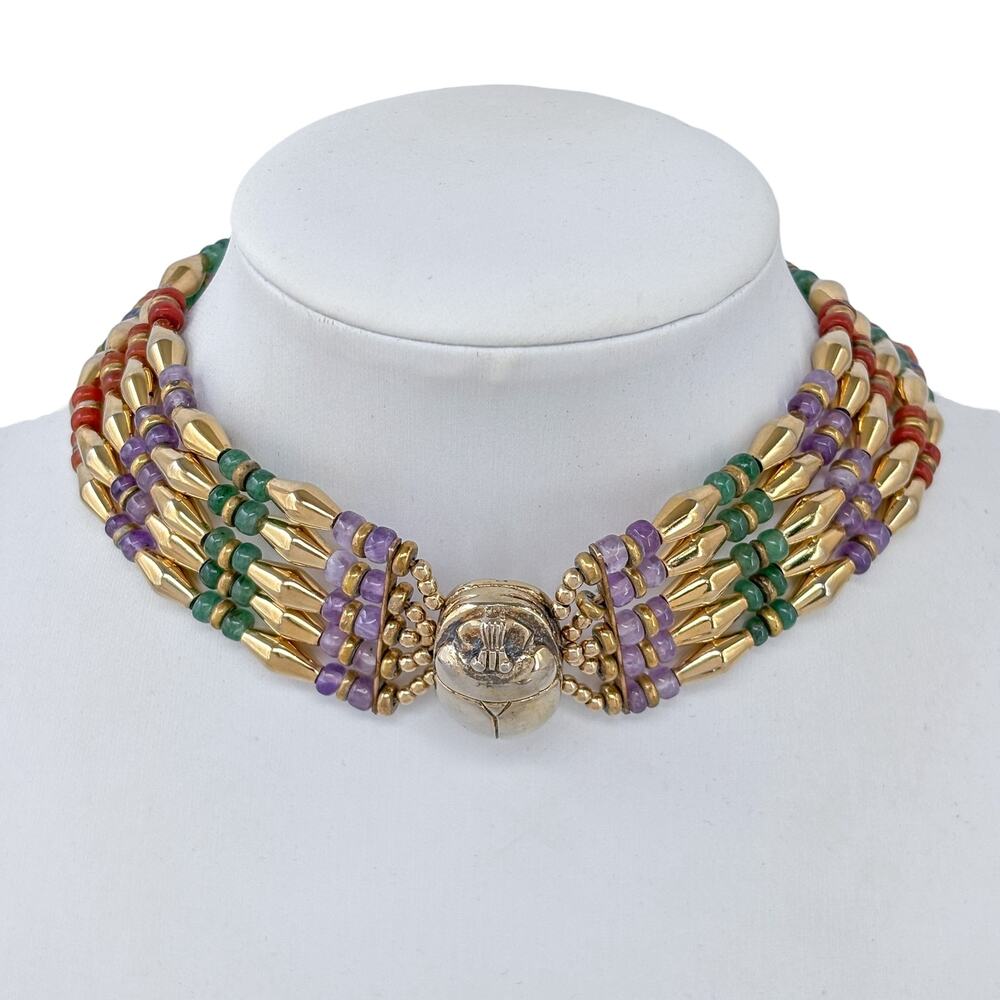 Vintage Sterling Silver 925 Vermeil Egyptian Revival Scarab Choker Necklace 13"